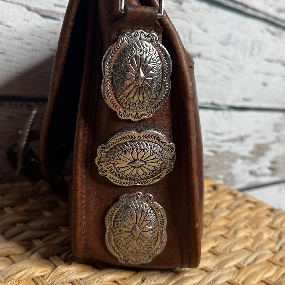 Handmade vintage western Aztec pattern Brown Leather Crossbody Bag with tapestry - Picture 9 of 14